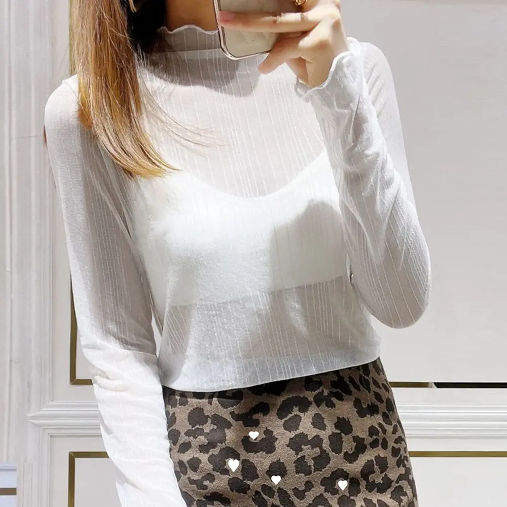 Women's Elegant See Spring Summer Through Mesh Blouse Long Sleeve Transparent Shining Sexy Shirt Fashion Women Tops S-2XL
