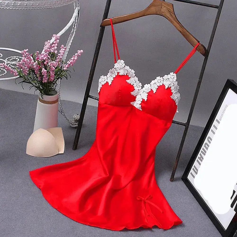 Hot Sexi Women Satin Sexy Bowknot Lace Lingerie Lencería Babydoll V-neck Sleepdress Underwear  Robes for Women Dress