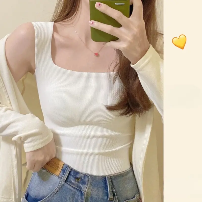 New Wide Shoulder Camisole Square Neck Beautiful Back Threaded Vest Women's Seamless One-piece Fixed Cup Casual Solid Tops