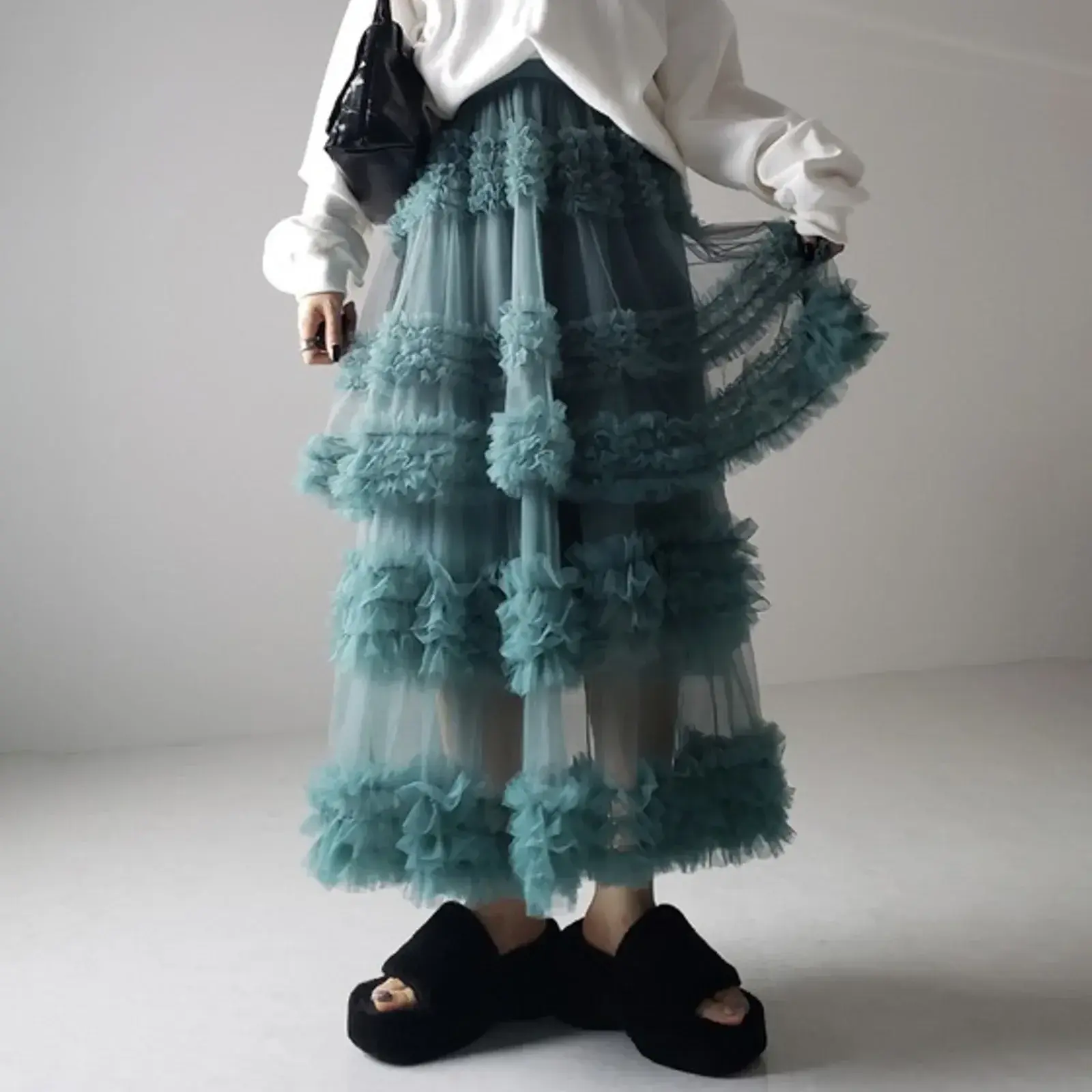 Mesh Long Tulle Skirt for Women New Elastic Waist Elegant High Waist Ball Gown Female Solid Layered Gauze Tutu Skirts