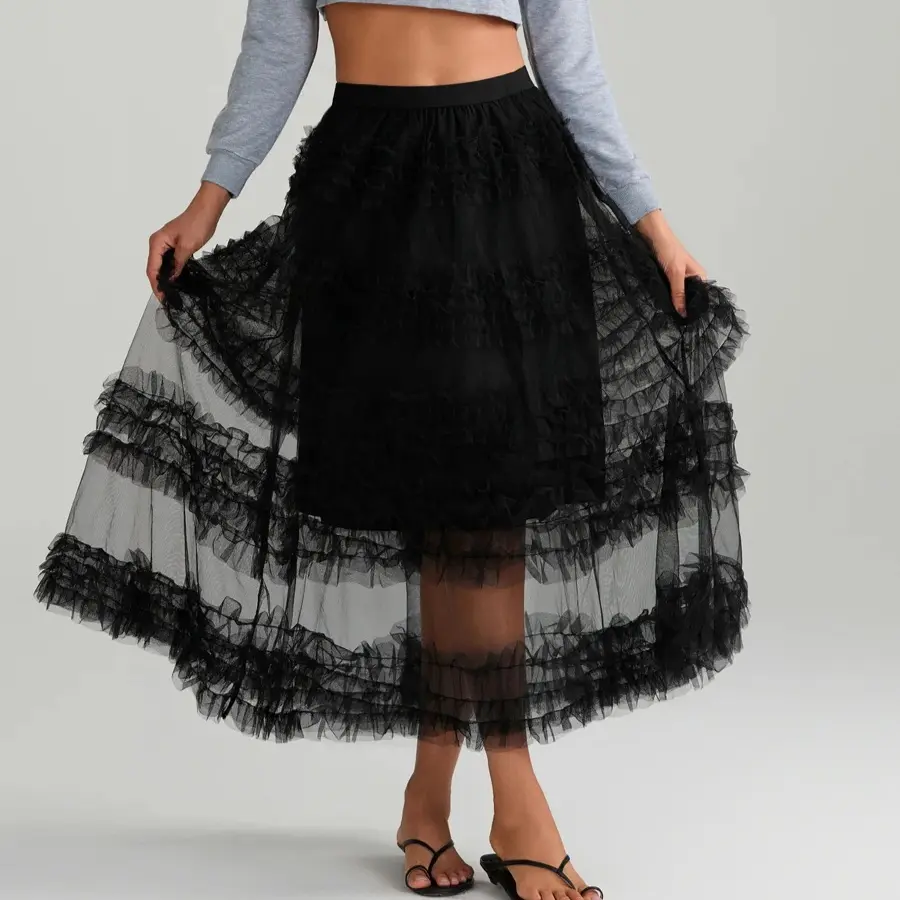 Mesh Long Tulle Skirt for Women New Elastic Waist Elegant High Waist Ball Gown Female Solid Layered Gauze Tutu Skirts