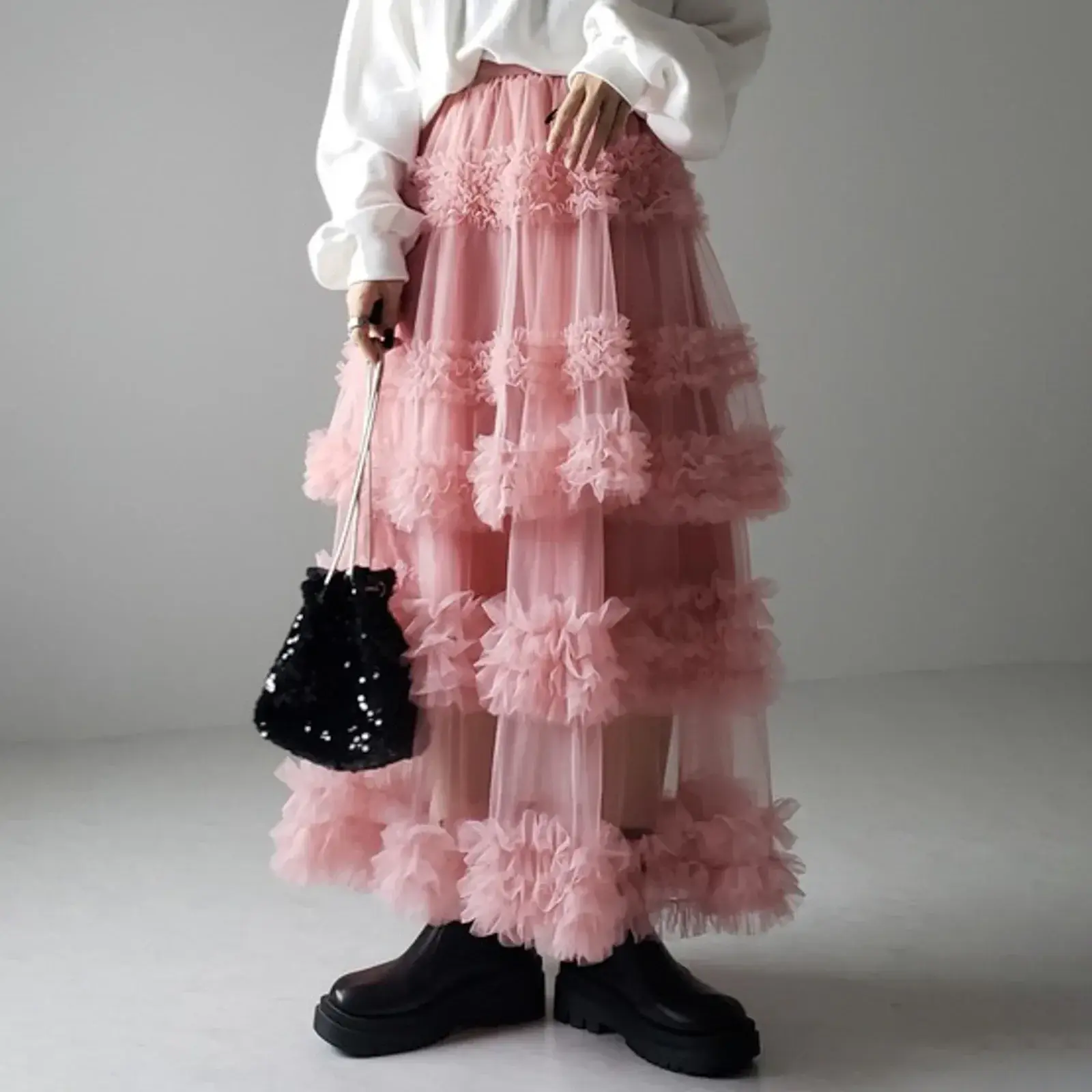 Mesh Long Tulle Skirt for Women New Elastic Waist Elegant High Waist Ball Gown Female Solid Layered Gauze Tutu Skirts
