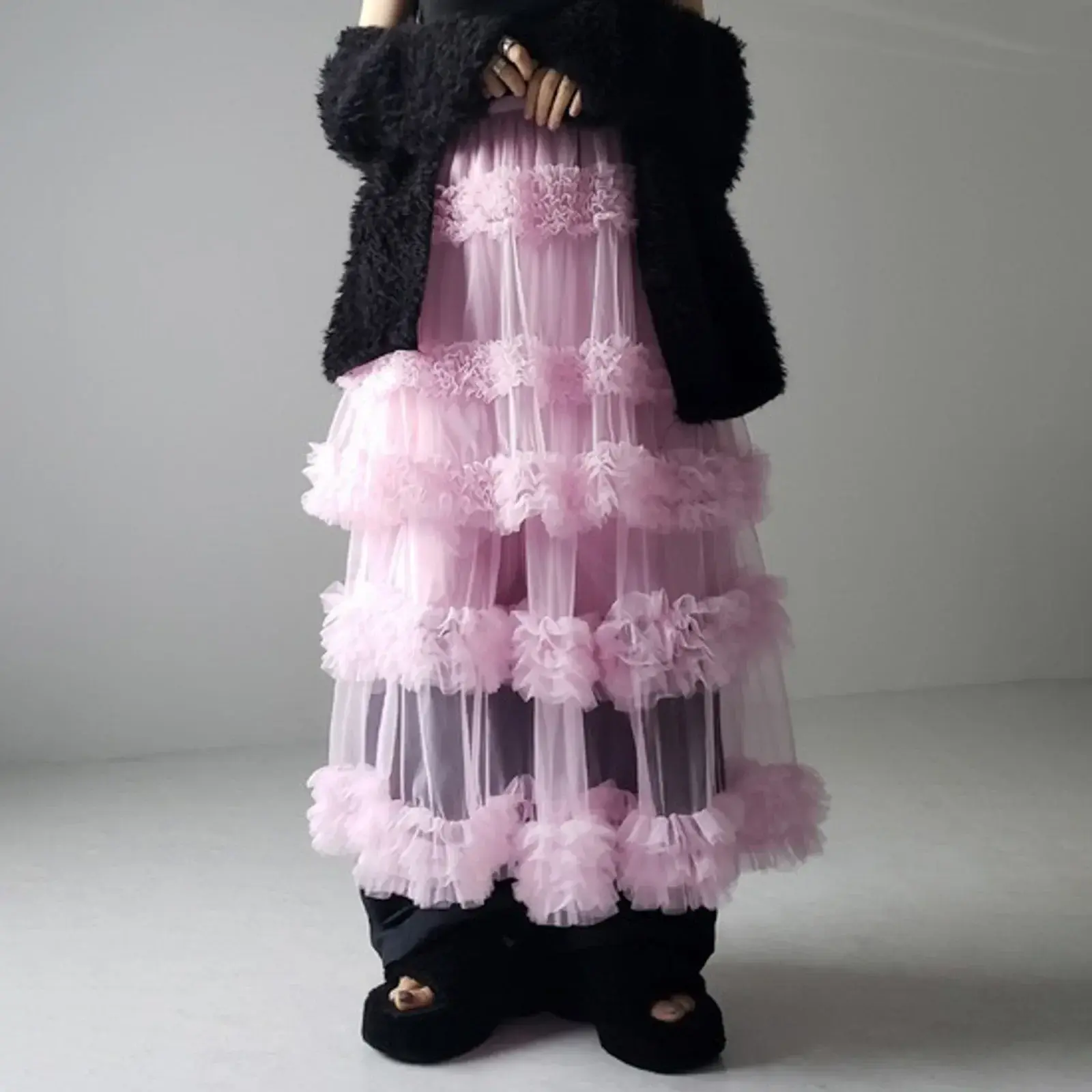Mesh Long Tulle Skirt for Women New Elastic Waist Elegant High Waist Ball Gown Female Solid Layered Gauze Tutu Skirts