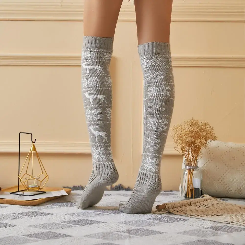 Christmas Knees Boot Socks Soft Legs Stocking with Deer Snowflakes Patterns Thigh High Long Socks for Girls Women Gifts