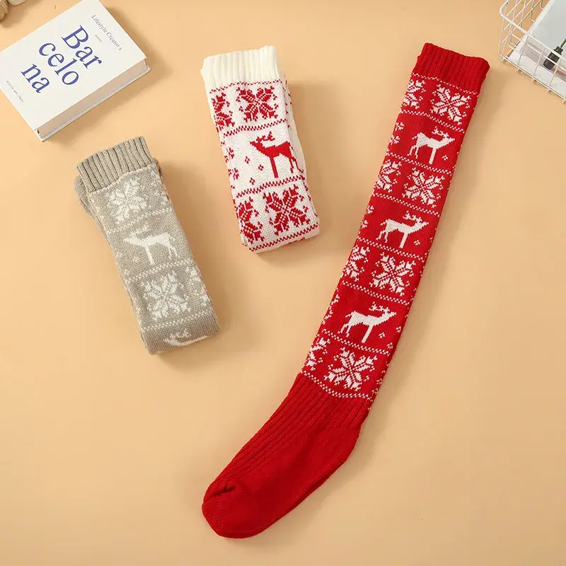 Christmas Knees Boot Socks Soft Legs Stocking with Deer Snowflakes Patterns Thigh High Long Socks for Girls Women Gifts