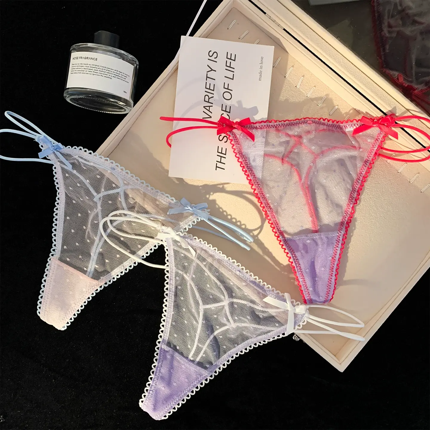 3/1PCS Women's Bowknot Lace Thong Sexy Transparent G-String Panties Seamless Low Waist Lingerie with Dotted Design