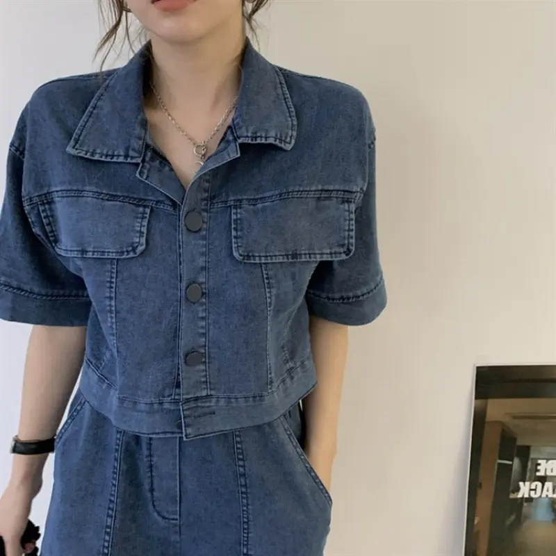 Vintage Matching Sets Turn Down Collar Three Quarter Sleeve Top High Waist Pockets Shorts Solid Color Summer Denim Two Piece Set