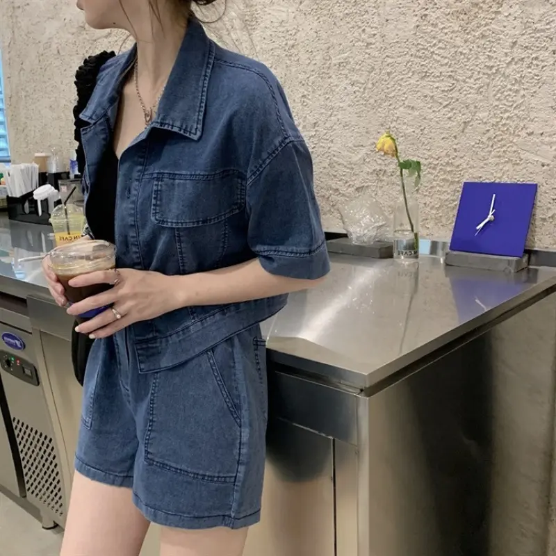 Vintage Matching Sets Turn Down Collar Three Quarter Sleeve Top High Waist Pockets Shorts Solid Color Summer Denim Two Piece Set