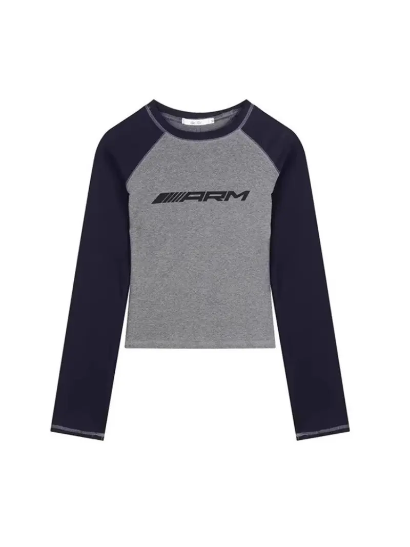 Long Sleeved Women Top Slim Fit and Warm New Girl's Vintage Y2K Letter Printed Shoulder Collision Color Slim Long Sleeve T-Shirt