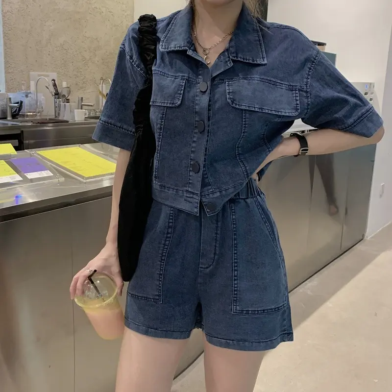 Vintage Matching Sets Turn Down Collar Three Quarter Sleeve Top High Waist Pockets Shorts Solid Color Summer Denim Two Piece Set