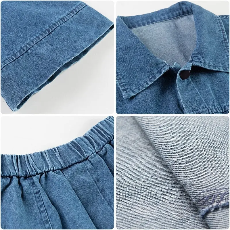 Vintage Matching Sets Turn Down Collar Three Quarter Sleeve Top High Waist Pockets Shorts Solid Color Summer Denim Two Piece Set