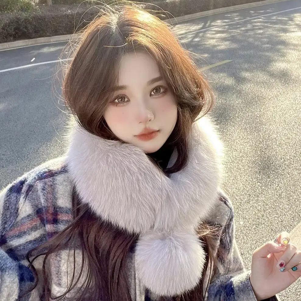 Natural Fox Fur Collar Winter Shawl Women Warm Double Short Fur Neck Warmer Scarf Big Size Shawl Luxury Thick Female Scarves