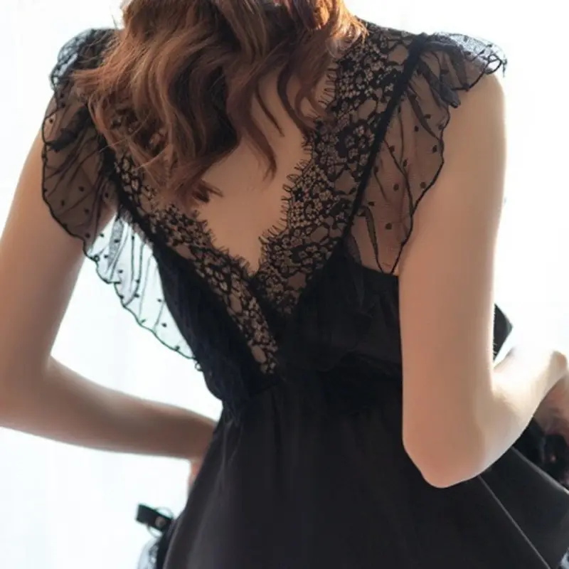 Sexy Mesh Lace Nightgown Romantic Style Home Wear French Underwear Camisole Nightgown+underwear