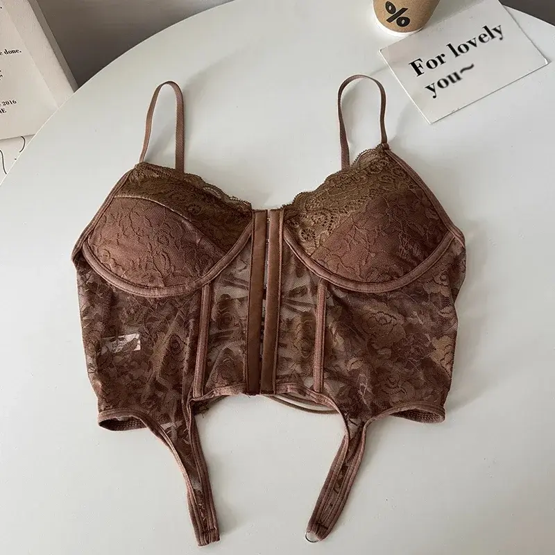 Women's Criss Cross Back Lace Bra Female Retro Deep V Sexy Camis Bralette Ladies High Neck Camisoles Racerback Y2K Steetwear