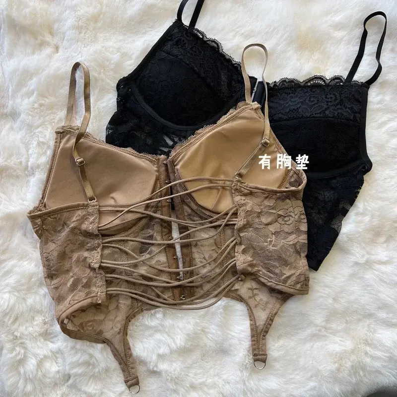 Women's Criss Cross Back Lace Bra Female Retro Deep V Sexy Camis Bralette Ladies High Neck Camisoles Racerback Y2K Steetwear