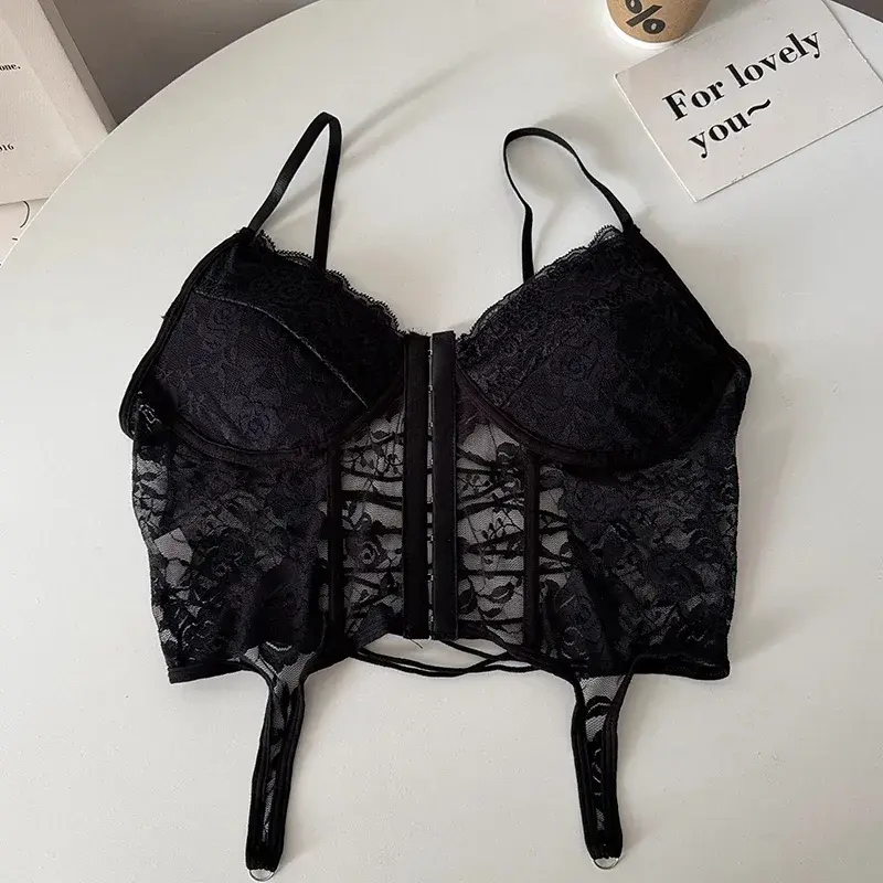 Women's Criss Cross Back Lace Bra Female Retro Deep V Sexy Camis Bralette Ladies High Neck Camisoles Racerback Y2K Steetwear