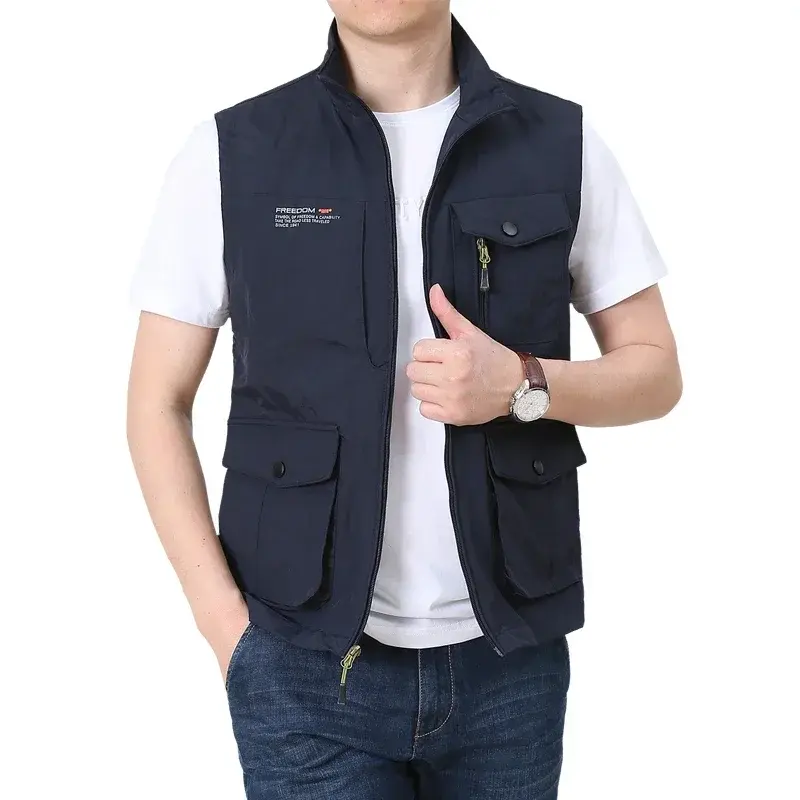 Men's Windproof Cardigan Coats Spring Fishing Stand-up Collar Multi-pocket Sleeveless Jacket Hunting Thermal Vest Clothing