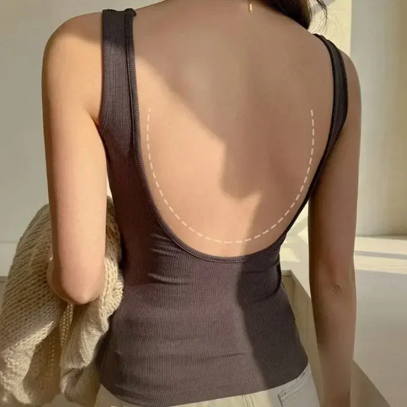 New Women Vest Camisole Fashion Korean Sexy Backless V-shaped Versatile Solid Color Senior Tank Top Sling With Built In Bra