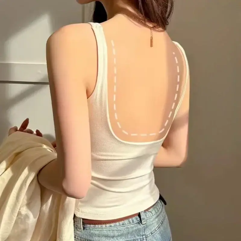 New Women Vest Camisole Fashion Korean Sexy Backless V-shaped Versatile Solid Color Senior Tank Top Sling With Built In Bra