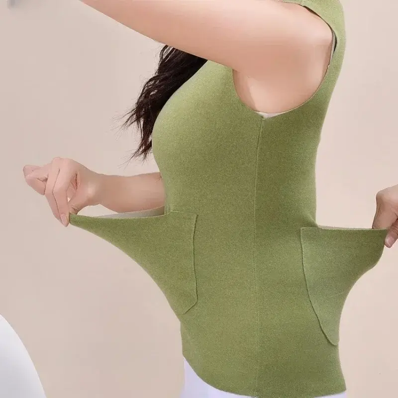 Thermal Underwear Top Warm Vest with Pockets for Women's German Velvet Seamless Double-sided Brushed Vest