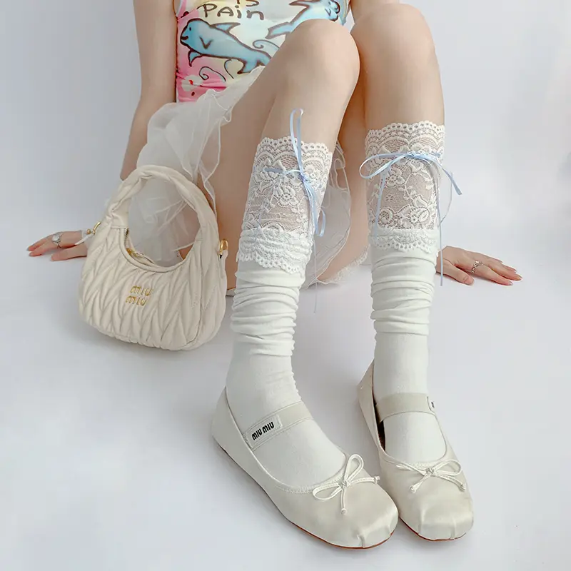 Lolita Socks Lace Bow Japanese Women's Knee Length Lace High Tube Socks Tied with Ribbons White Calf Socks