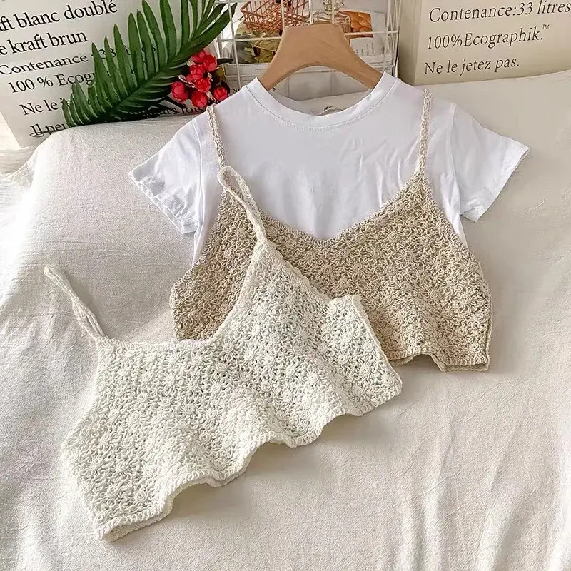 Women Cotton Crochet Shorts Summer Beach Circle Pattern Lace Shorts Elasticated Waist Scalloped Edge Chic Two-piece Set