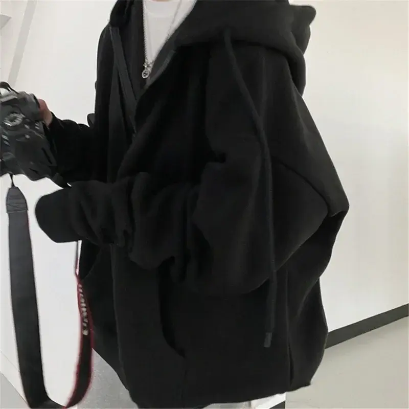 New Oversize Women Hoodies Casual Solid Zip Up Hooded Sweatshirt  Korean Loose Hoodie Thickening Plushing Jacket Coat