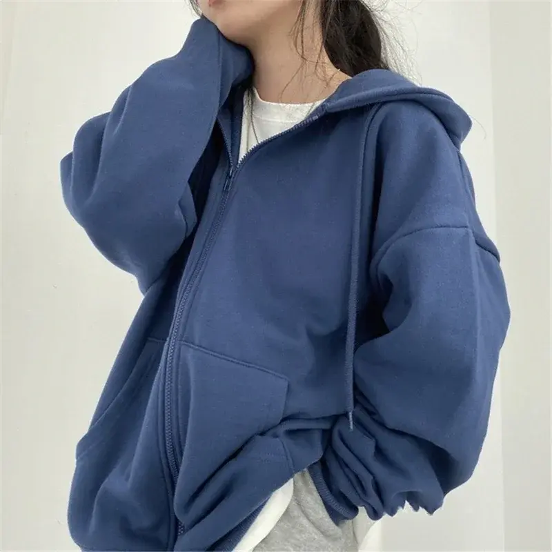 New Oversize Women Hoodies Casual Solid Zip Up Hooded Sweatshirt  Korean Loose Hoodie Thickening Plushing Jacket Coat