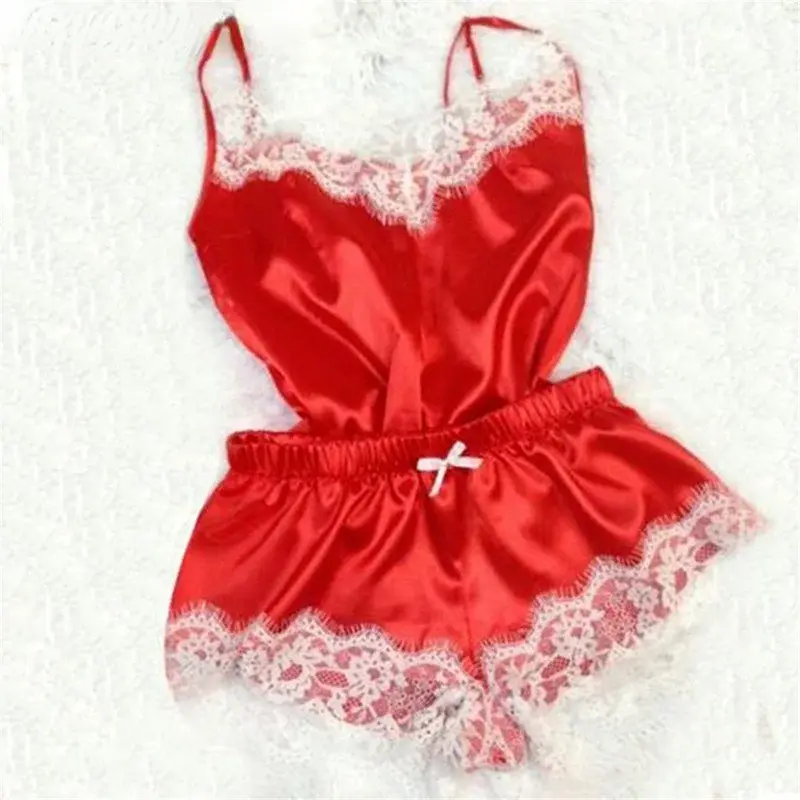 Women's Sleepwear Sexy Lace Satin Pajama Sets Nightwear Sleeveless Tops+Shorts 2 Pcs Sets Pyjama Sets For Women Pijama