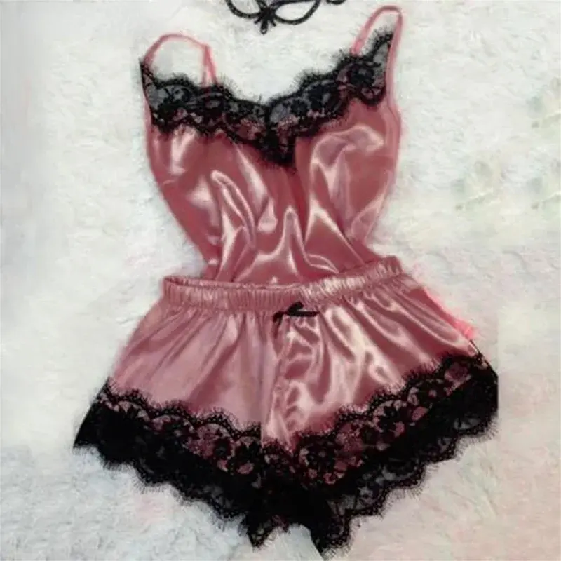 Women's Sleepwear Sexy Lace Satin Pajama Sets Nightwear Sleeveless Tops+Shorts 2 Pcs Sets Pyjama Sets For Women Pijama