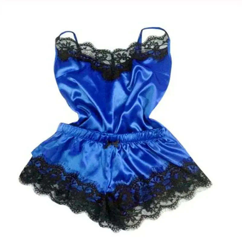 Women's Sleepwear Sexy Lace Satin Pajama Sets Nightwear Sleeveless Tops+Shorts 2 Pcs Sets Pyjama Sets For Women Pijama