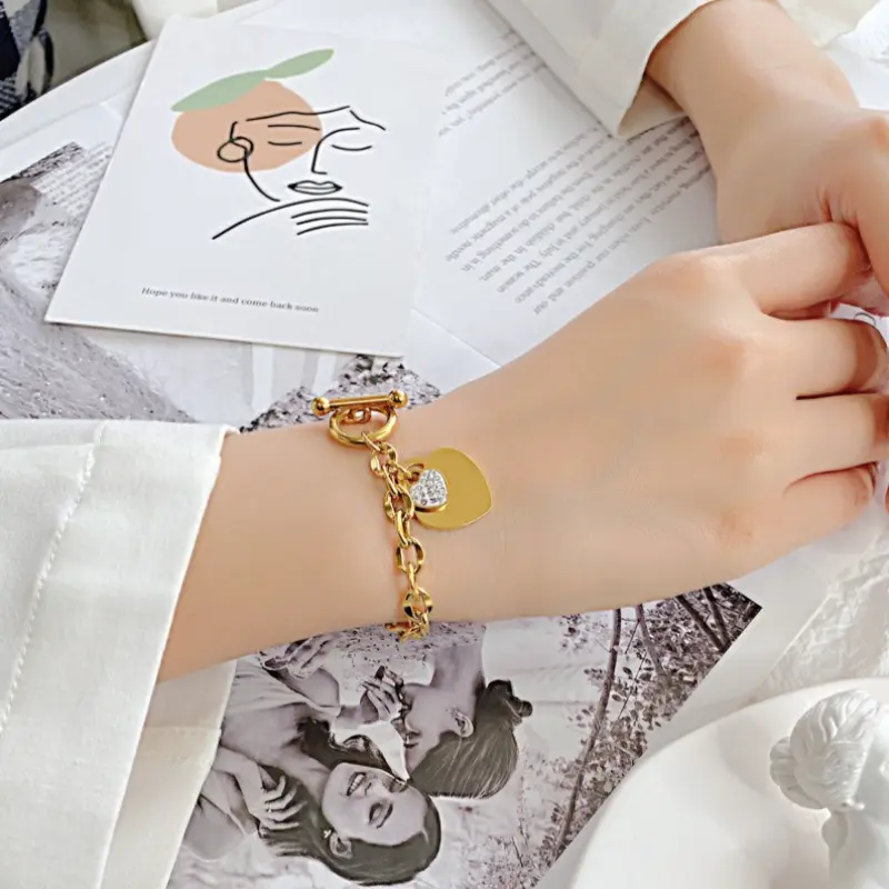 Gold Plated Stainless Steel Double Heart Charm Bracelets For Women Bohemia Rhinestone Chain Bracelet Jewelry