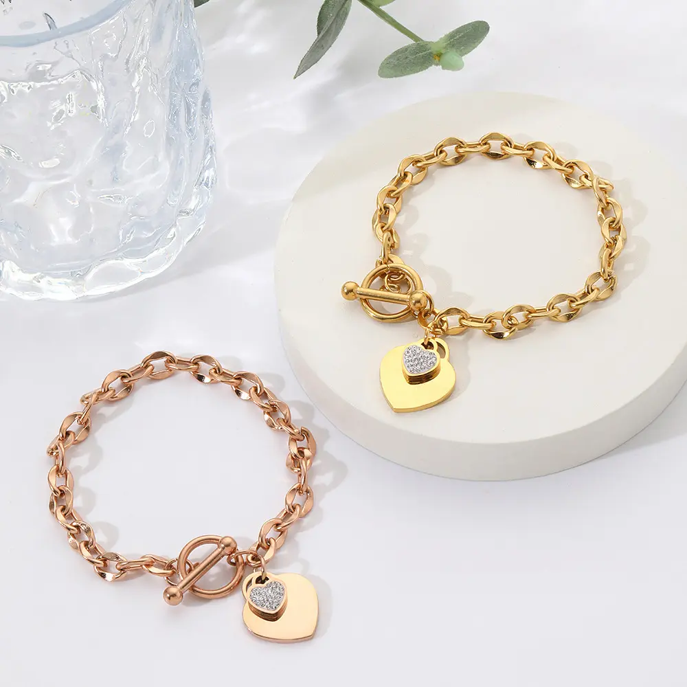 Gold Plated Stainless Steel Double Heart Charm Bracelets For Women Bohemia Rhinestone Chain Bracelet Jewelry