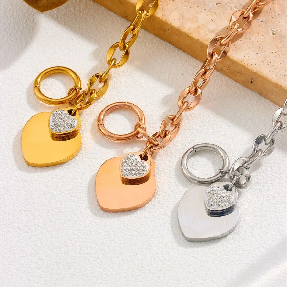 Gold Plated Stainless Steel Double Heart Charm Bracelets For Women Bohemia Rhinestone Chain Bracelet Jewelry