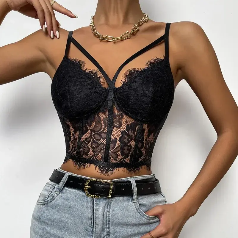 Women Mesh Camisole Solid Lace Hollow Sleeveless Backless Spaghetti Strap Crop Tops Female Skinny Clubwear Summer Camis