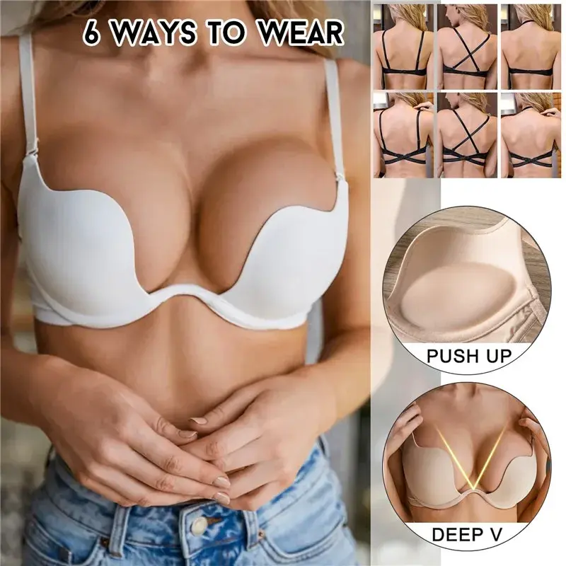 Sexy Backless Lingerie Invisible Deep U Bra Women Seamless Backless Outfit Underwear Low Collar Brassiere Open Back Push Up Bras