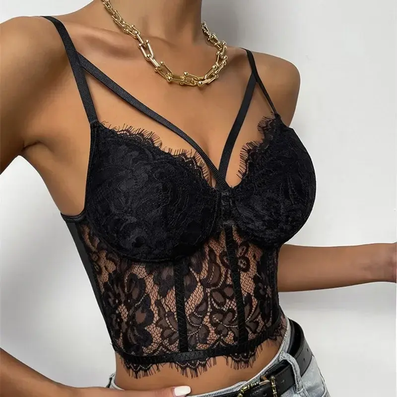Women Mesh Camisole Solid Lace Hollow Sleeveless Backless Spaghetti Strap Crop Tops Female Skinny Clubwear Summer Camis