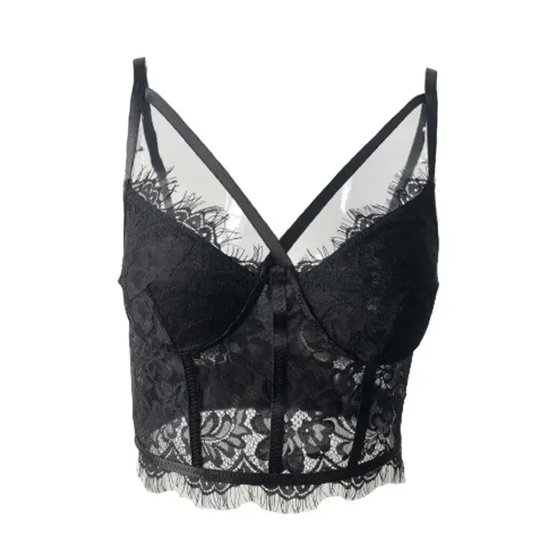 Women Mesh Camisole Solid Lace Hollow Sleeveless Backless Spaghetti Strap Crop Tops Female Skinny Clubwear Summer Camis