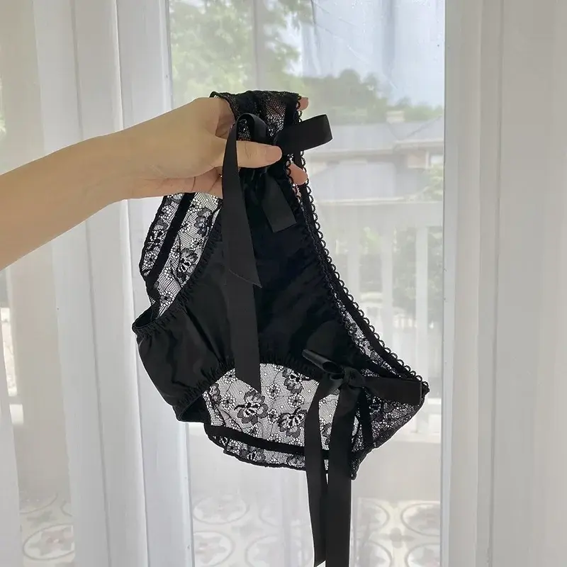 Ladies Sexy Mesh Panties Mid-waist Seamless Lace Underwear Briefs Japanese Style Young Girl Underwear Pink Bow Lingerie