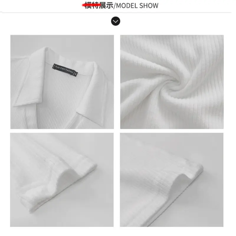 Sexy V-Neck Slim Fitness Women's T-Shirt Casual Lapel  All-match Long Sleeve Polo Shirt Woman High Waist Knit Cropped Tops