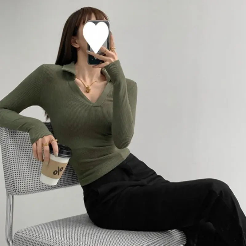 Sexy V-Neck Slim Fitness Women's T-Shirt Casual Lapel  All-match Long Sleeve Polo Shirt Woman High Waist Knit Cropped Tops