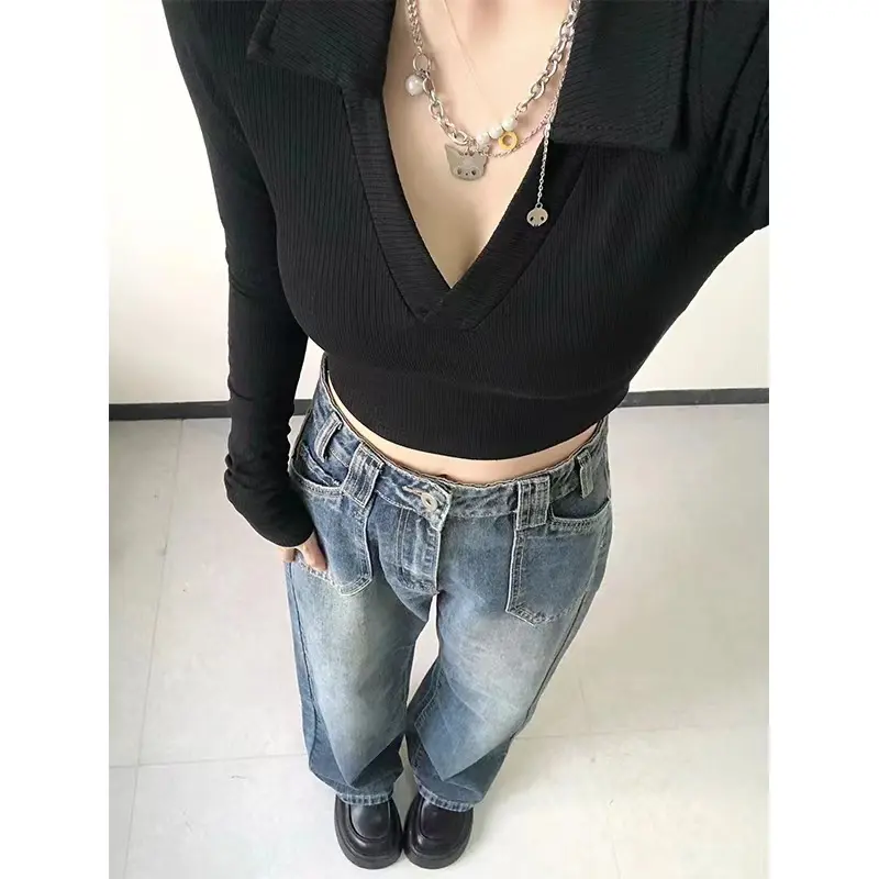 Sexy V-Neck Slim Fitness Women's T-Shirt Casual Lapel  All-match Long Sleeve Polo Shirt Woman High Waist Knit Cropped Tops