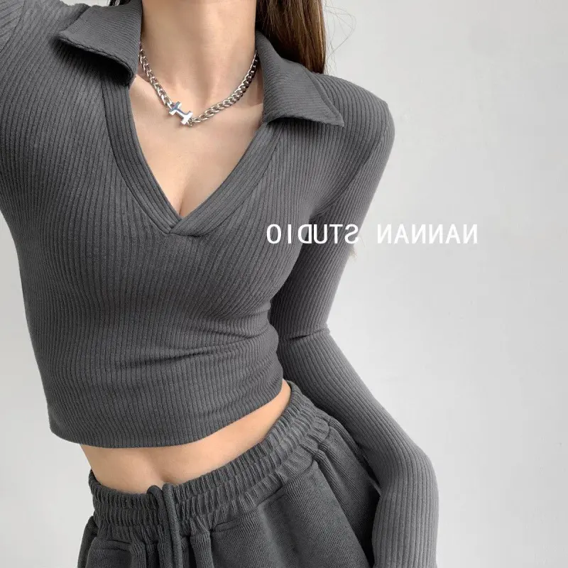 Sexy V-Neck Slim Fitness Women's T-Shirt Casual Lapel  All-match Long Sleeve Polo Shirt Woman High Waist Knit Cropped Tops