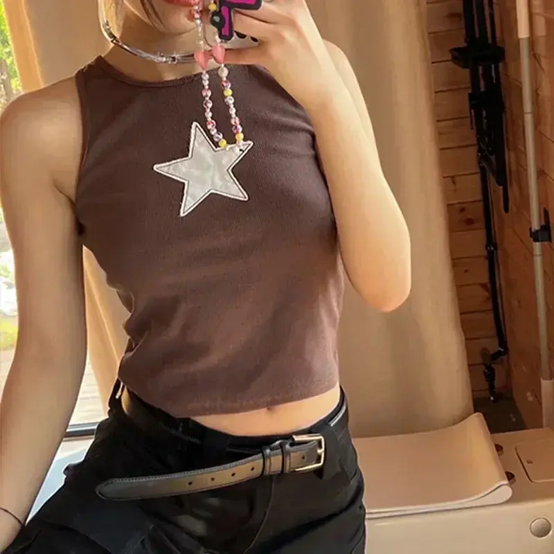 2000s Emo Girls Y2k Aesthetic Retro Harajuku Black Star Print Sleeveless Backless Crop Tops Tank Top Streetwear
