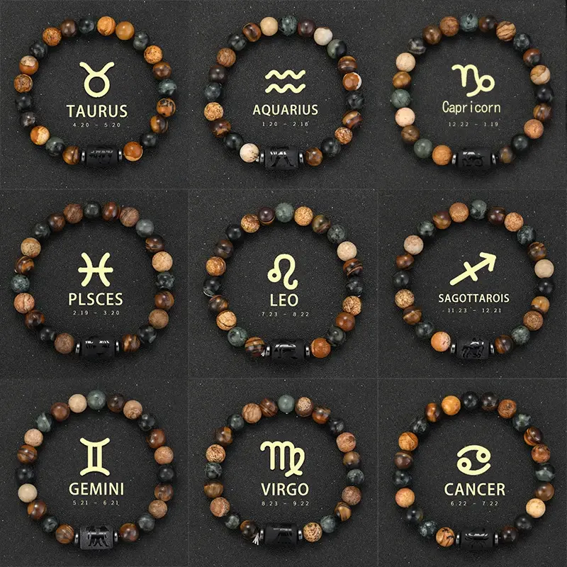 Natural Stone Tiger Eye Picture Jasper Round Beads 12 Constellation Bracelet for Men Women Virgo Leo Libra Gift Jewellery