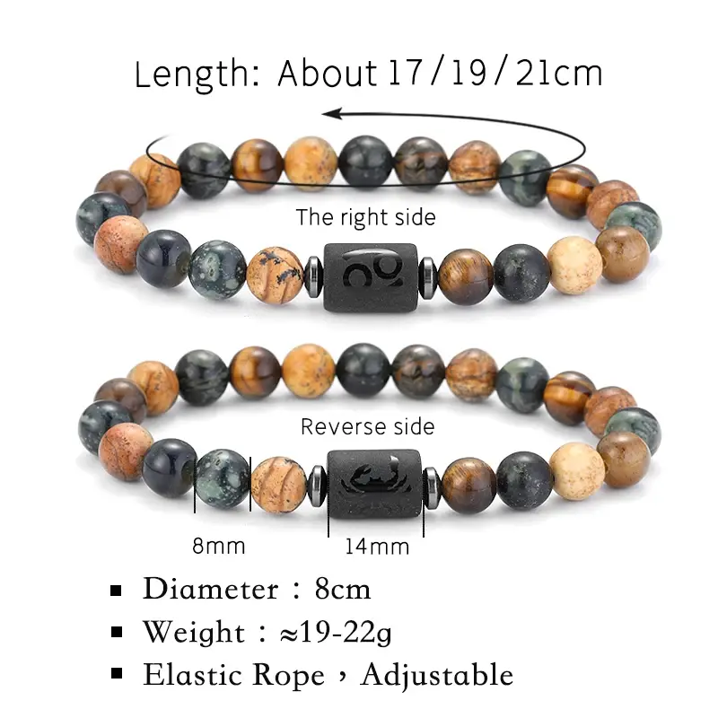 Natural Stone Tiger Eye Picture Jasper Round Beads 12 Constellation Bracelet for Men Women Virgo Leo Libra Gift Jewellery