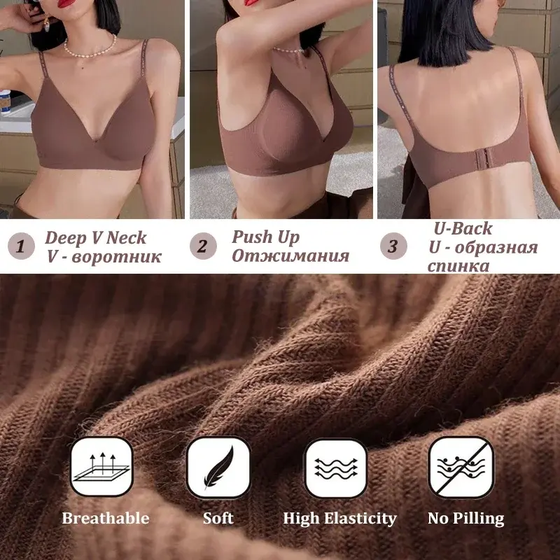 Sexy Deep V Bras Women Solid Color Screw Thread Underwear Push Up Brasieres Bralette Invisible Letter Strap Wire Free Bra
