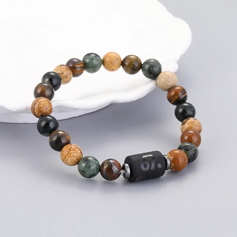 Natural Stone Tiger Eye Picture Jasper Round Beads 12 Constellation Bracelet for Men Women Virgo Leo Libra Gift Jewellery