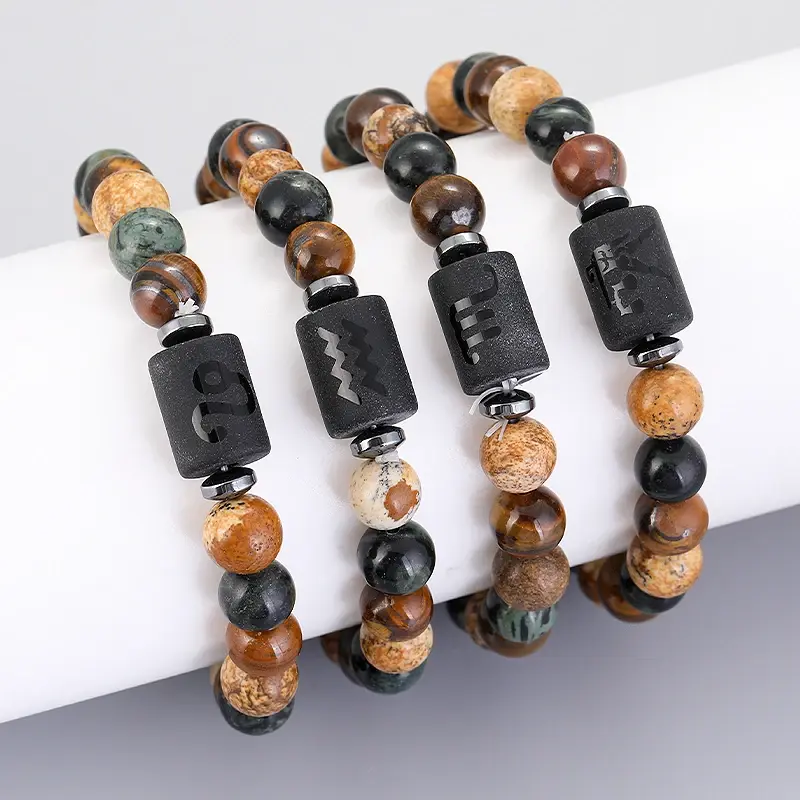 Natural Stone Tiger Eye Picture Jasper Round Beads 12 Constellation Bracelet for Men Women Virgo Leo Libra Gift Jewellery