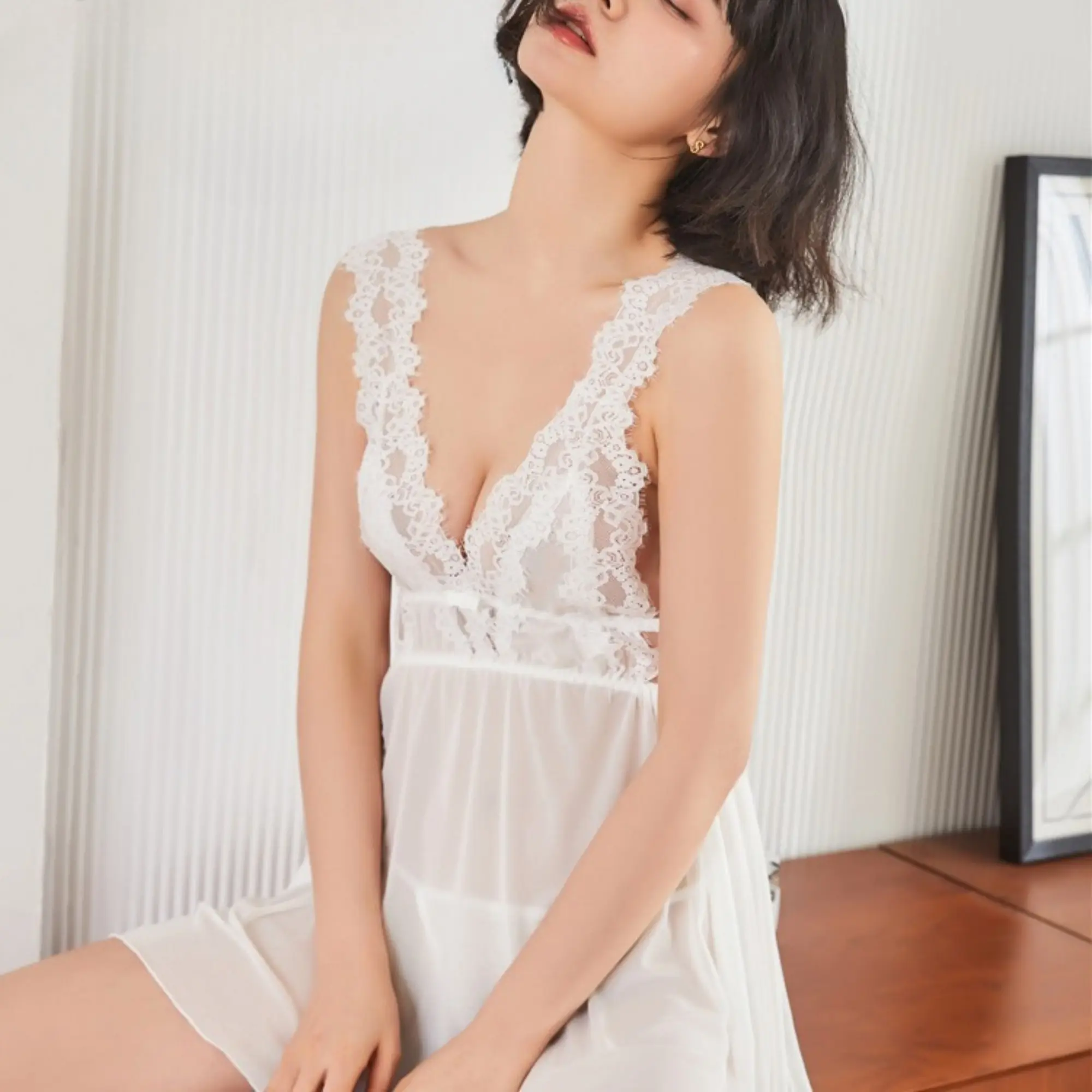 V-Neck Sleepwear Women Sexy Casual Backless Nightdress Summer Lace Pajama With Thong Nightgown Comfortable Sling Homewea